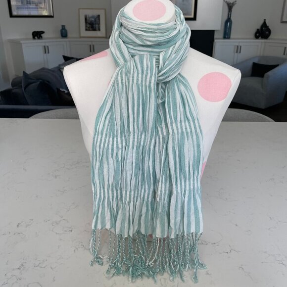 Lightweight Striped Scarf w Rustic Fringed Ends Soft Pastel Green + White OS - Picture 2 of 9
